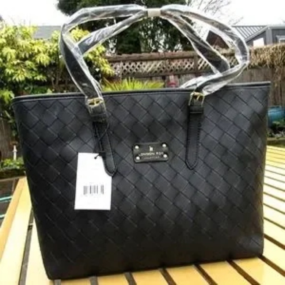 NWT London Fog “Kylar” Woven Black Vegan Leather Handbag Tote Purse